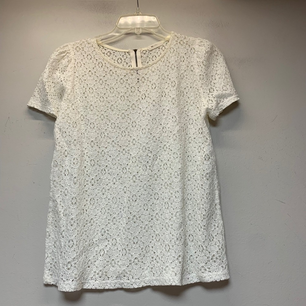 Everly Short Sleeve Lace Top Women Medium White Good Floral Zipper Back T7674